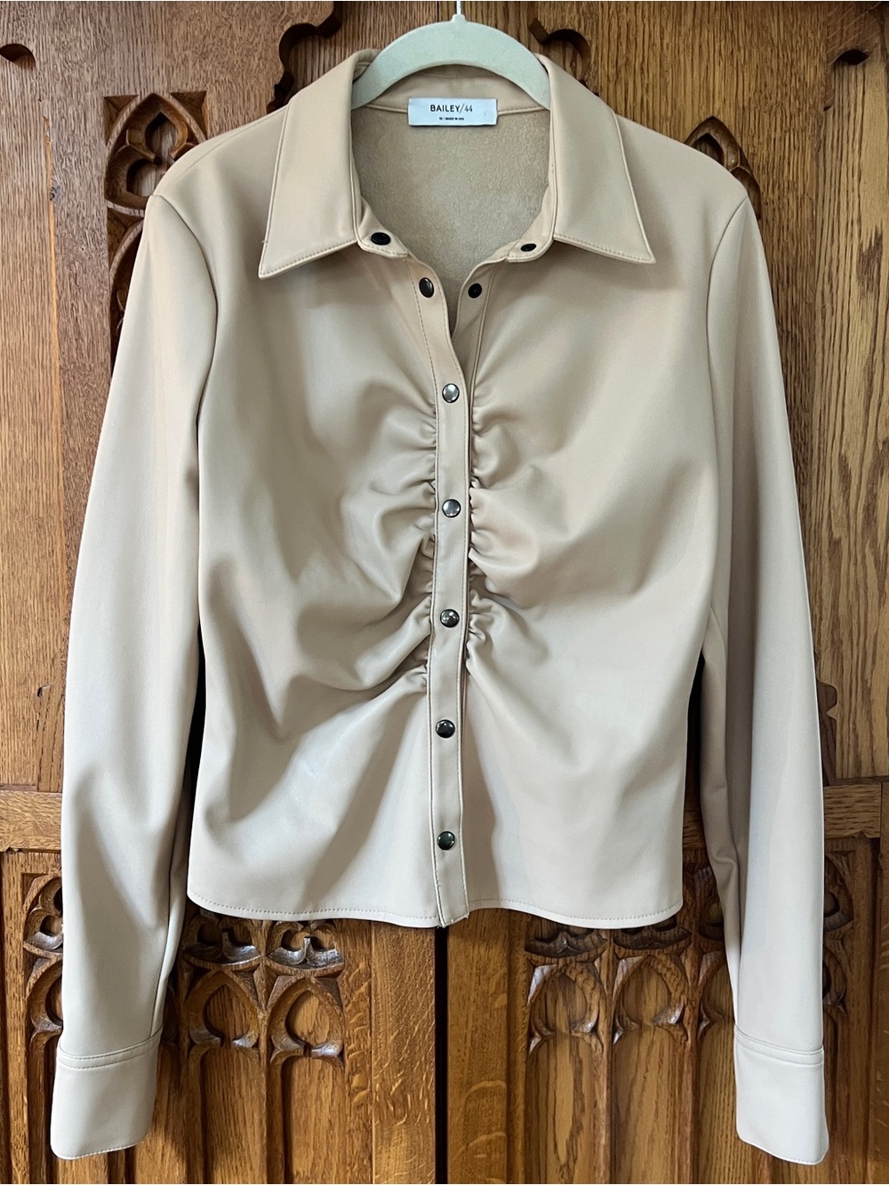 Bailey 44 Beige Ruched Faux-Leather Button-Up Top